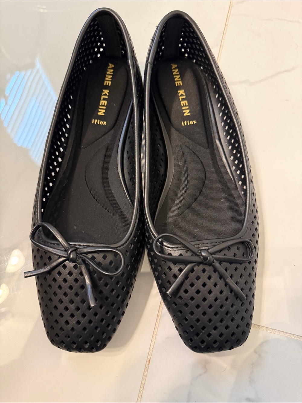 Anne Klein Black Perforated Bow Ballet Flats